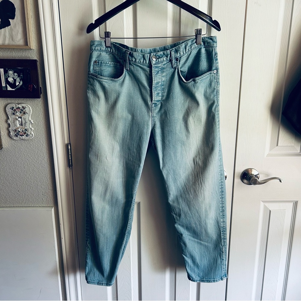 Helmut Lang blue light wash cropped button fly jeans w/ attached belt